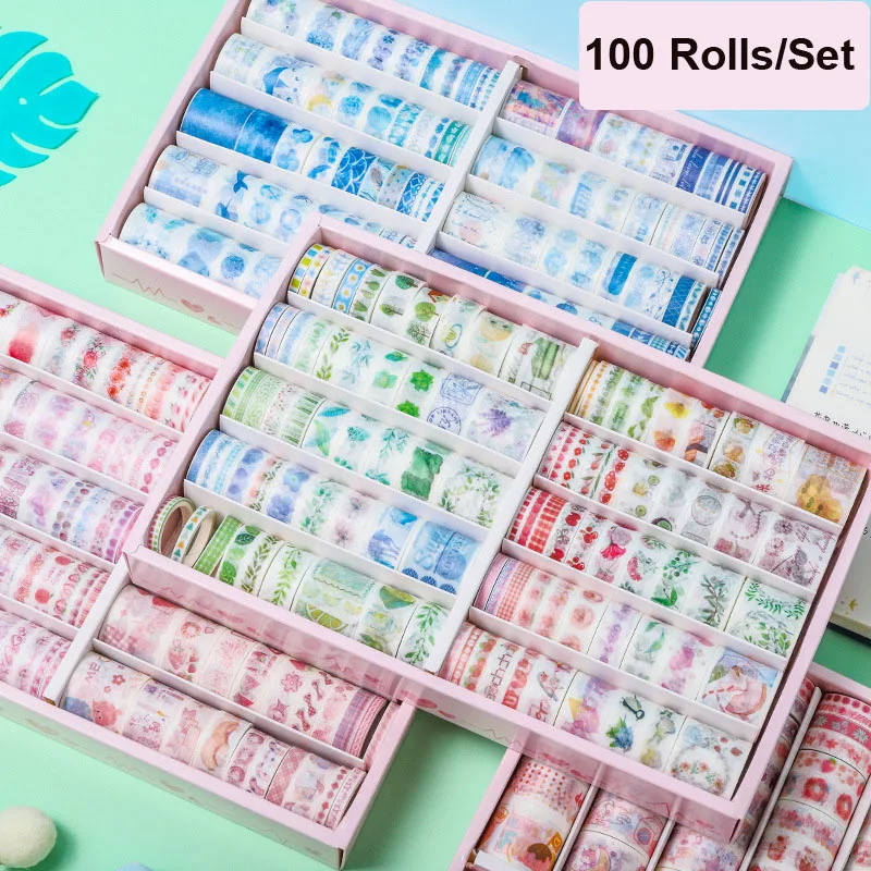 Sharkbang 100 Rolls Masking Tape Transparent Storage Box Decorative Scrapbooking Adhesive Stickers Gift Set Stationery Supplies