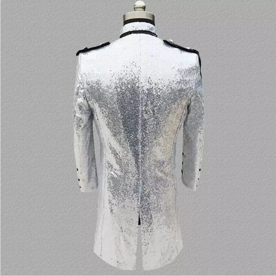 Jacket Silver Black Male Stage Outfit Sequins Chain Long Fashion Slim Outerwear Nightclub Men Singer DJ Rock Bands Costume
