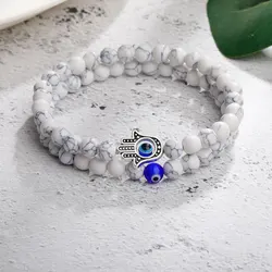 6mm Natural Stone Beads Blue Eye Hand Charm Bracelet Set Handamde Hematite Evil Turkish Eye Bracelet For Women Men Jewelry