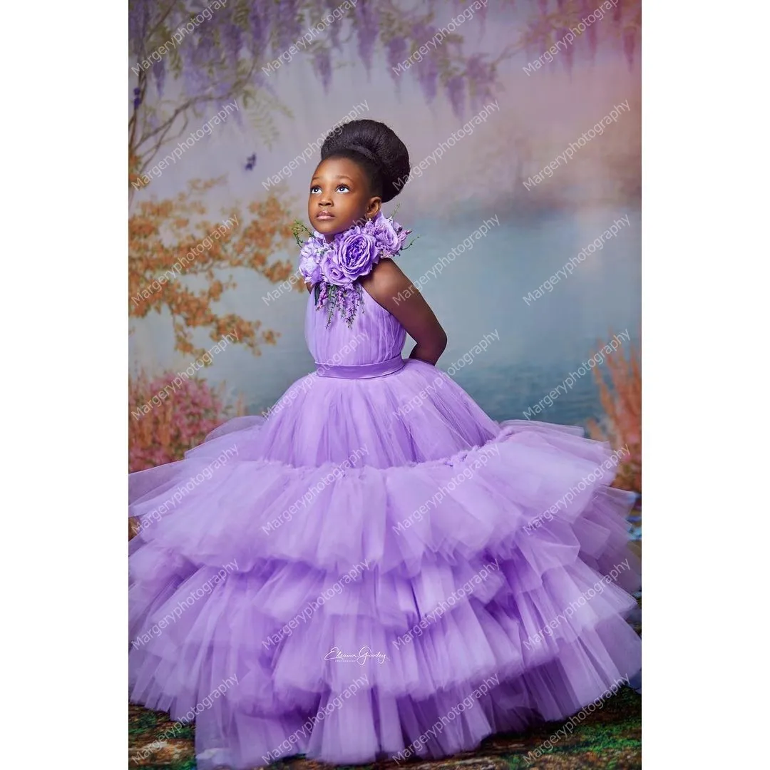 Elegant Lavander Mom And Me Tulle Dresses For Photo   Shoot Sleeveless Halter Ruffles Pleated Ball Gown   Mmother And Daughter G