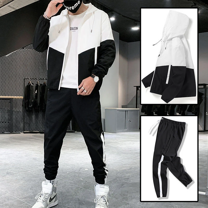 

M-5XL Oversized Men Autumn Hoodies Set Sportswear Tracksuit Patchwork Hip Hop Jacket Coat+Pants Male Casual Two Pieces Suit