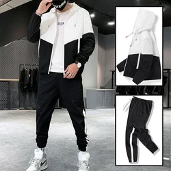 M-5XL Oversized Men Autumn Hoodies Set Sportswear Tracksuit Patchwork Hip Hop Jacket Coat+Pants Male Casual Two Pieces Suit