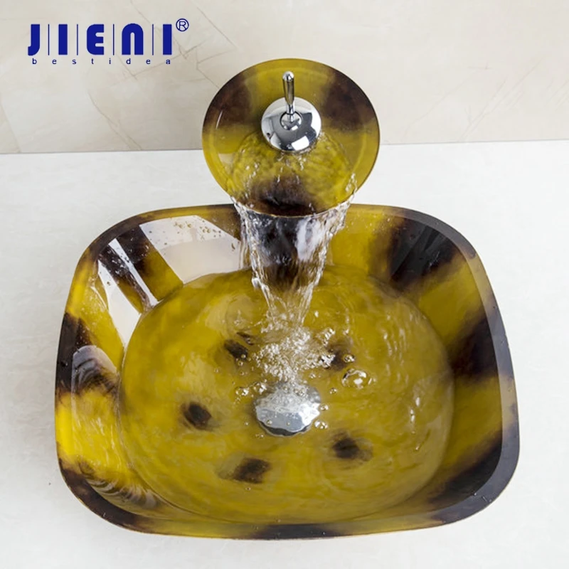 JIENI Luxury Yellow Hand painting Basin Vessel Sink Tempered Glass Basin Sink Bowl Faucet Set with Chrome Pop up Drain