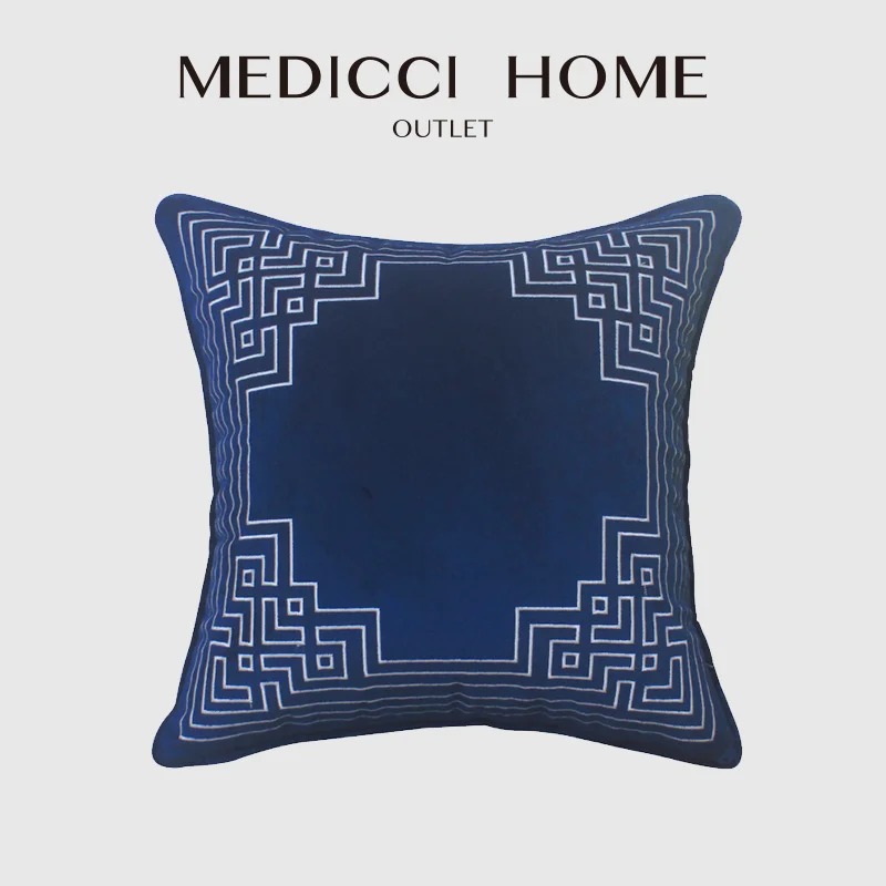 

Medicci Home New Chinese Geometry Cushion Cover Blue Dutch Velvet Embroidery Decorative Pillowcase Bed Living Room Shell Gift
