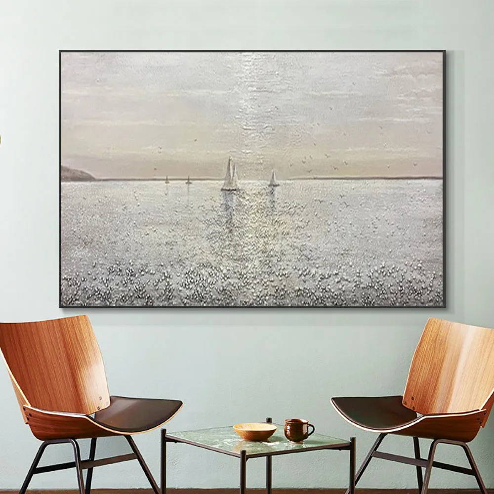 

Handmade Oil Paintings Abstract Seascape Sailing Boat Gray And White Gravel Texture Canvas Painting Modern Home Decor Wall Art