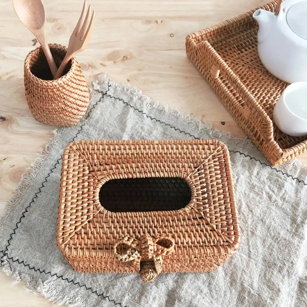 Rattan Tissue Box Rectangular Facial Tissue Holder Eco-friendly Large Capacity Desktop Paper Holder Car Organize Home Decoration