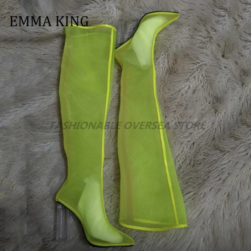 Summer Spring Women Over The Knee Boots Sexy Neon Green Mesh Thigh High Botas Femenino Pointed Toe Night Party Boots Mujer 2021