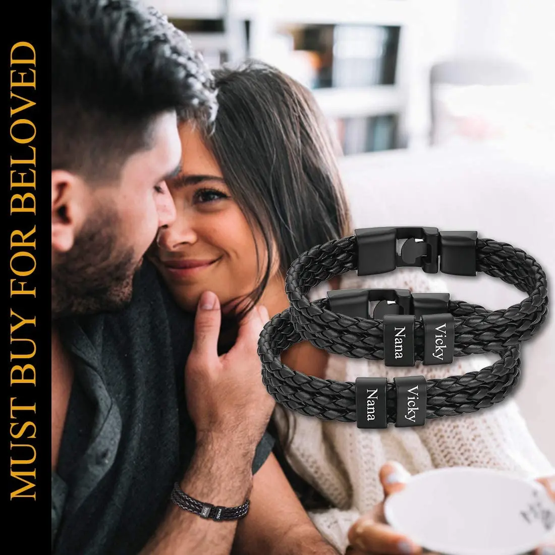 U7 Braided Leather Bracelet with Custom Engrave Bead 3-Layered Black Wax Leather Wristband Bracelet  2-5 Name Beads