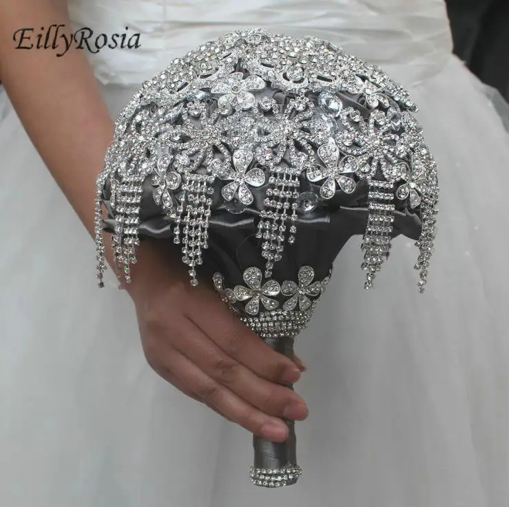 Eillyrosia strass borla nupcial bouquet cinza cetim prata cristais jóias casamento buquê noiva flores fita de seda luxo