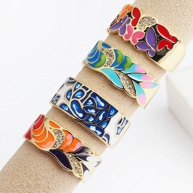 New Design Butterfly Flower Butterfly Enamel Adjustable Wide Band Rings For Women Vintage Open Ring Colorful Jewelry