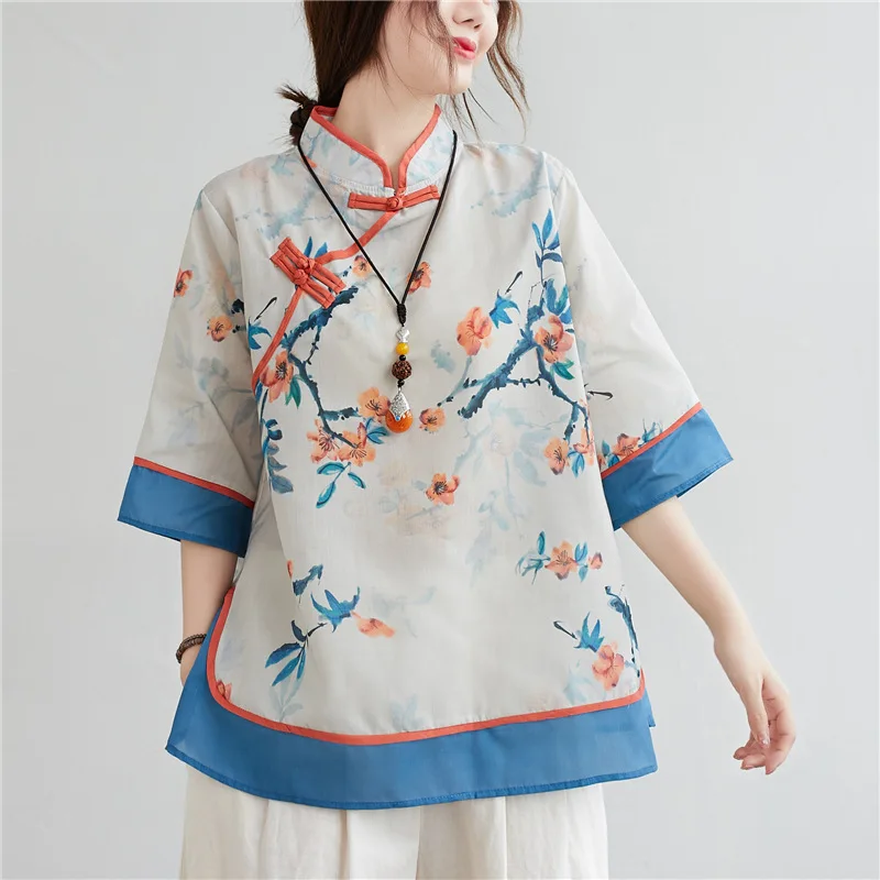 Women Chinese Traditional Style Tops Cotton Linen Loose Blouses Cheongsam Vintage Buckle Hanfu Shirts Tang Suits Qipao Dress