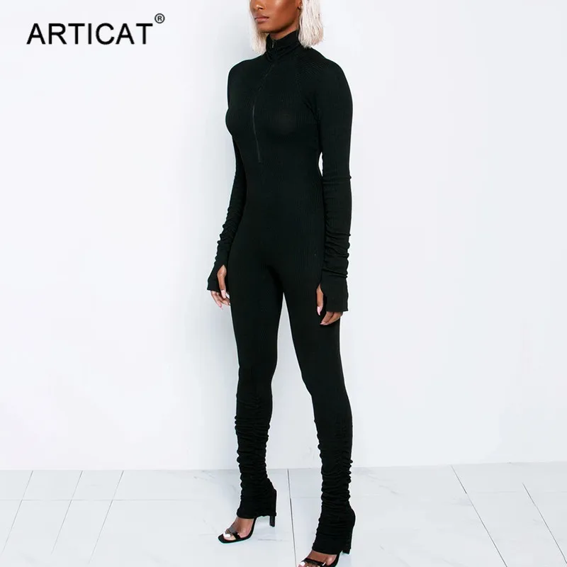 Articat Turtleneck Zipper Skinny Jumpsuit Women Long Sleeve One Piece Neon Orange Bodysuit Female Running Fitness Outfits