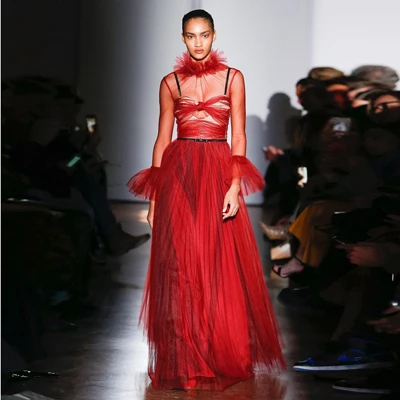 

Sexy Red Sheer See Through Tulle Dresses Women Maxi Long Prom Gown Turtleneck Ruffled Tulle Dress Custom Made