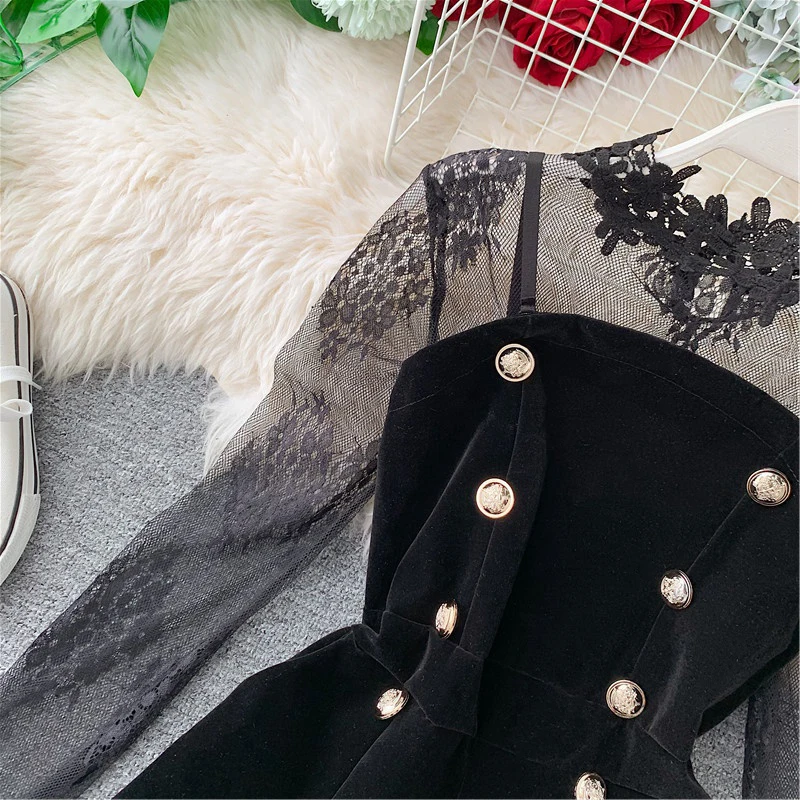 Chidrizawa Two Piece Outfits Lace Tulle Pullover Flare Sleeve Shorts Gold Velvet Button Solid 2021 New Fashion Clothes Female