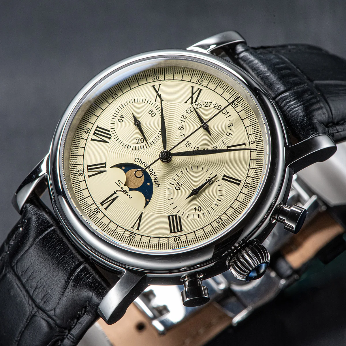 Sugess Pilot Chronograph Mechanical Watches Men Waterproof Original ST1908 Movement Moon Phase Calendar Wristwatch Swanneck 2022