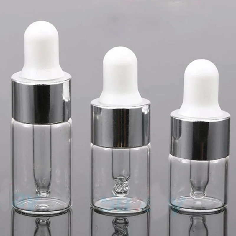 20Pcs 1/2/3 ml Clear Glass Essential oil Aromatherapy Dropper Bottles Silver Aluminum Cap Reagent Drop Eye Liquid Pipette Bottle