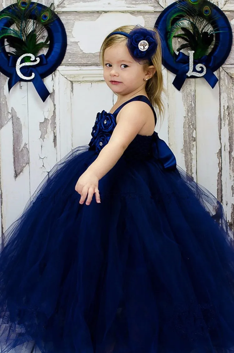 Girls Navy Pearl Flower Tutu Dress Kids Tulle Strap Evening Dress Ball Gown with Hairbow Children Birthday Party Costume Dresses