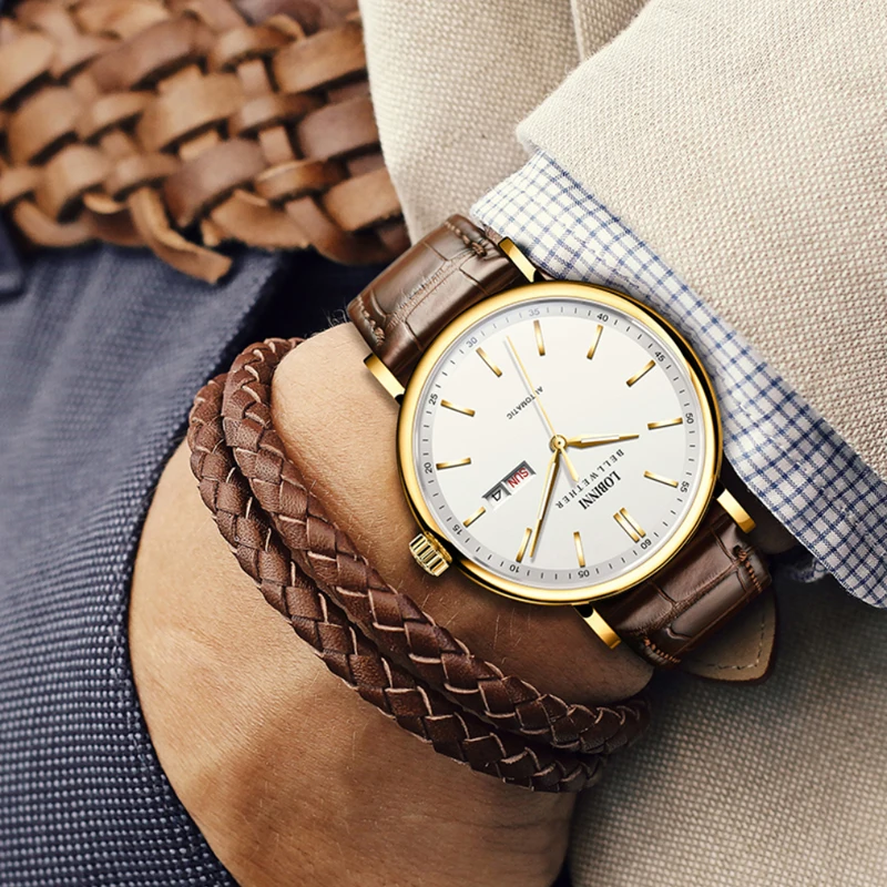 LOBINNI رجال الأعمال ساعات أوتوماتيكية حافظة ذهبية حزام من الجلد عرض تناظري ساعة ميكانيكية تاريخ الأسبوع ساعة زجاجية من الياقوت