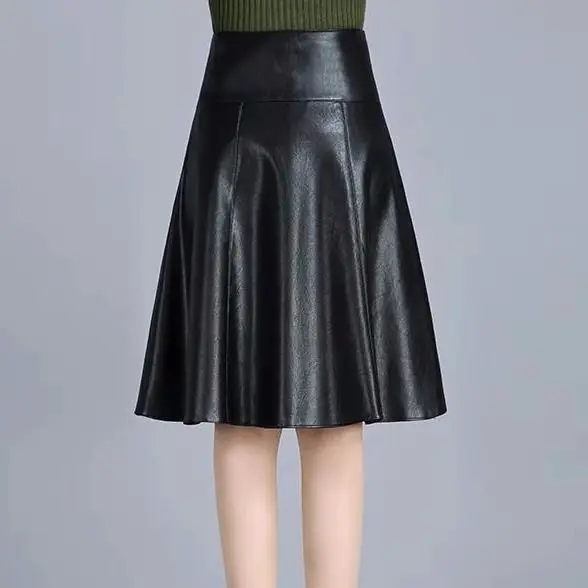 High Waist Leather Sheepskin A-Line Skirts Elegant Black Skirt Korean Womens Female Indie Folk Knee Length Ladies Office Skirt