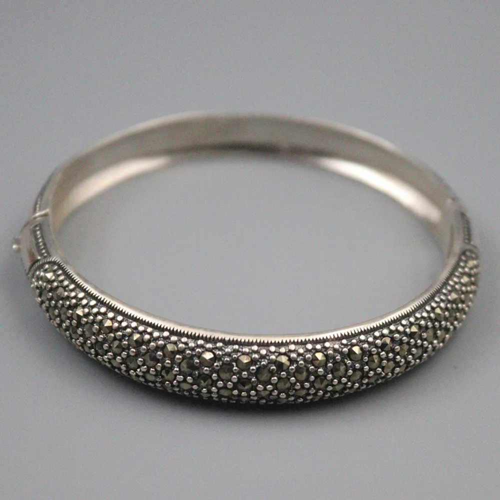 

Fine Pure S999 Sterling Silver Bangle Women 11mmW Zircon Link Figure Bracelet 56mm 23-25g