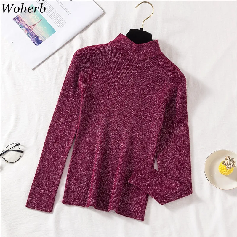 Woherb Lurex Glitter Women Sweater Autumn Winter Turtleneck Pullover Jumper Fashion Elegant Solid Stretch Female Sweaters Top