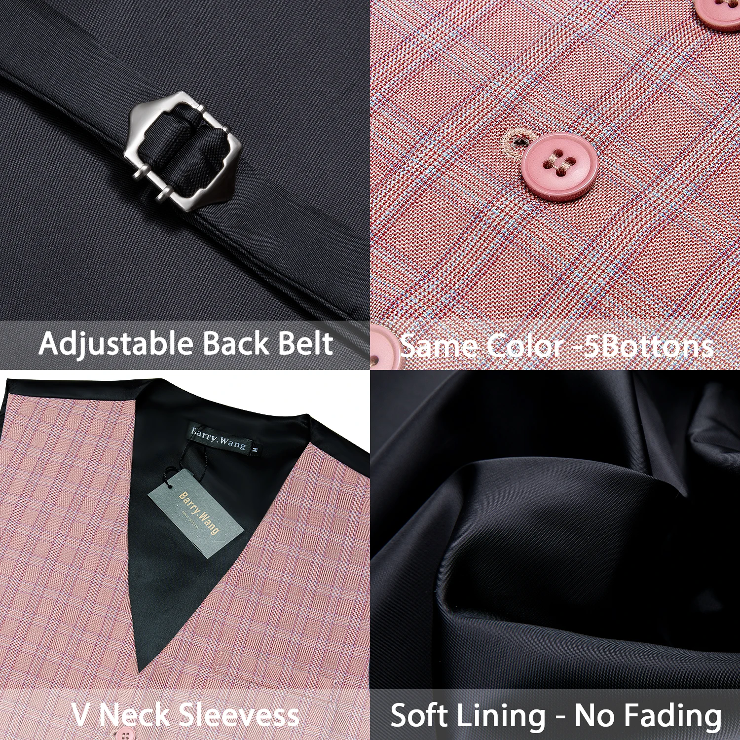 Barry.Wang Mens Pink Plaid Waistcoat Blend Tailored Collar V-neck 3 Pocket Check Vest Tie Set Formal Leisure MD-2301