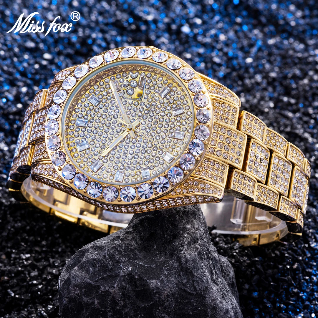 Missfox marca relógio masculino luxo gelo para fora completo grande diamante prata pulseira relógio moda dial quartzo relógio de pulso aço dropshipping