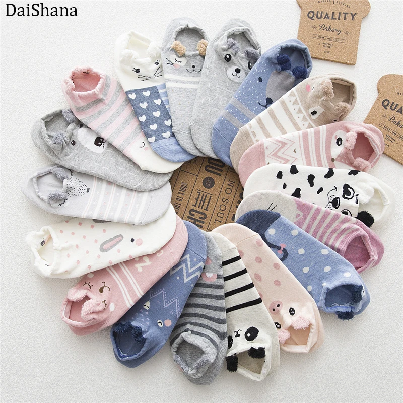 5 Pairs Women Socks Ankle Socks Spring Summer Cartoon Cute Cotton Cat Bear Ear Animal Japanses Style Invisible Boat Socks 35-42