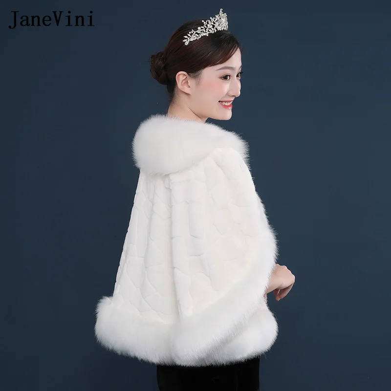 JaneVini Fourrure Blanche Weiß Faux Fur Wrap Winter Hochzeit Cape Braut Bolero Braut Hochzeit Mantel Formale Boleros Stolen Schals