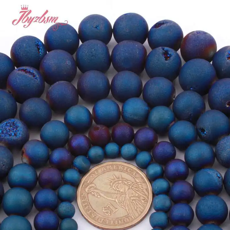 8,10,12,14mm Round Beads Blue Metallic Coated Druzy Agates Stone Beads For Necklace Bracelet Jewelry Making 15\