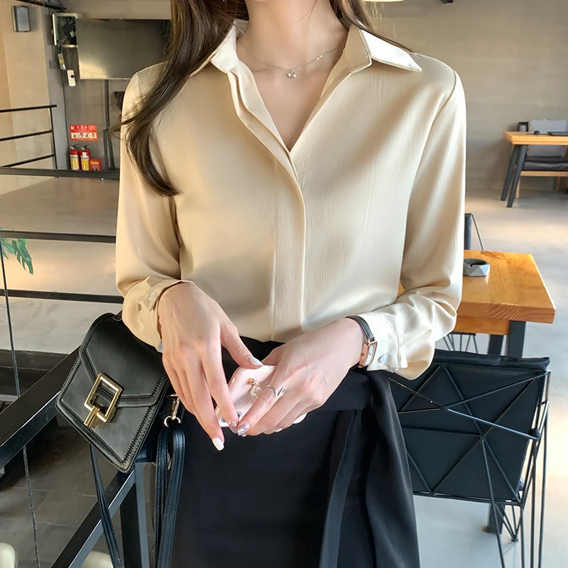 Office Lady Blouse Women Spring Autumn Tops Long Sleeve Button Turn-down Collar Chiffon Shirts Woman Clothes Blouse Femme 2021