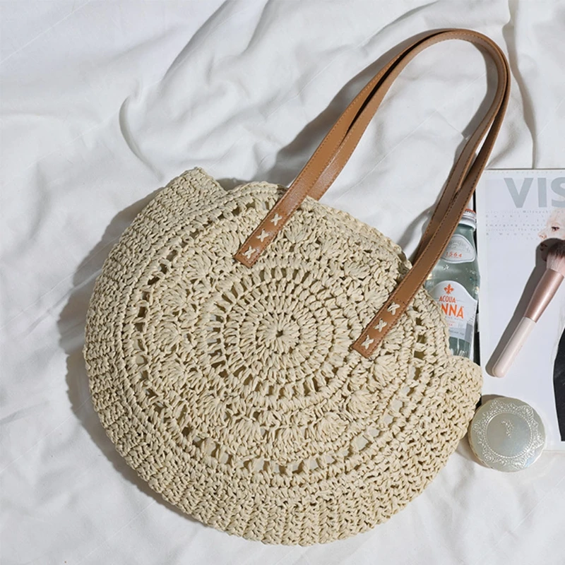 Women's Straw Handbags Large Summer Beach Tote Woven Round Bottom Handle Purse Shoulder Bag Vocation Handbag K5DA