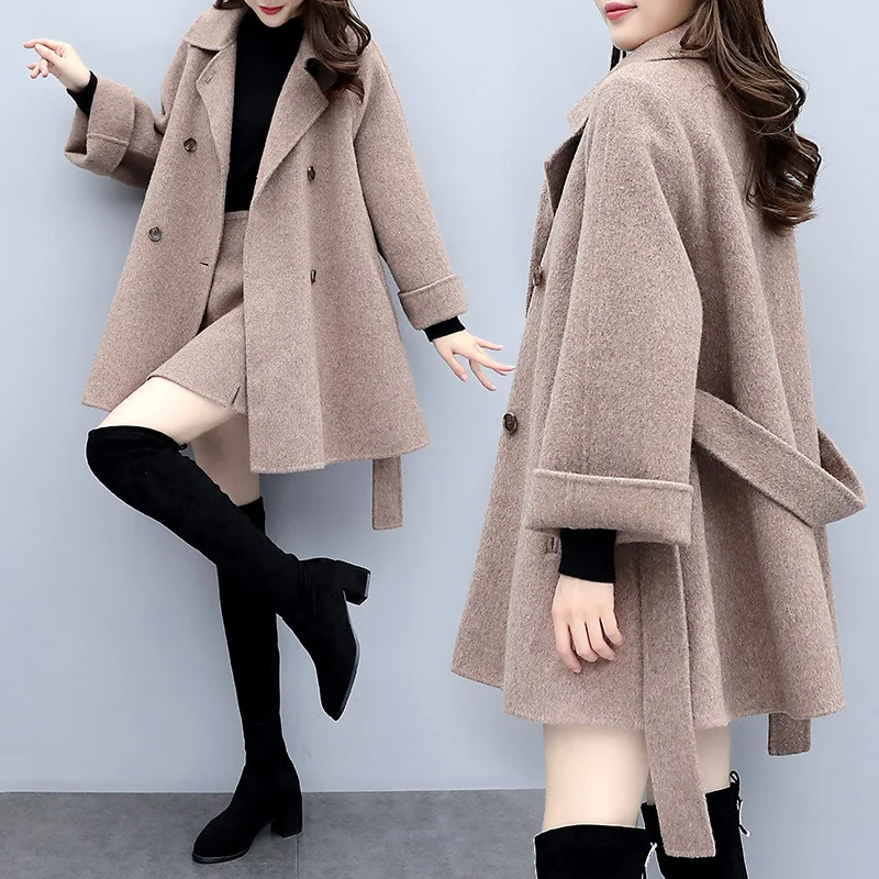 Women'S Winter Autumn Two-Piece Set Wool Thicken Med Long Overcoat Casual Loose Trench Coat Jackets Outwear And Skirts DD2380