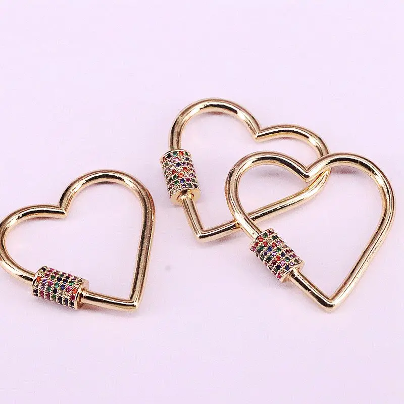 

5Pcs, Micro Pave CZ Lock Carabiner Pave Heart Shaped Crystal Zirconia Screw Clasp Jewelry Findings 30*30mm