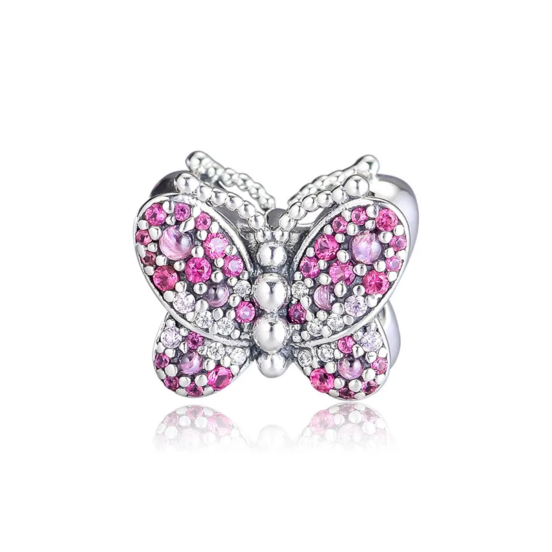 

Fits Europe Bracelets beads Dazzling Pink Butterfly Charm 925 Sterling Silver Bangle Beads DIY Making Fine Jewelry