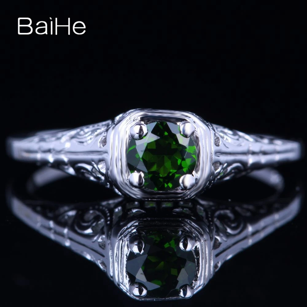 BAIHE Real Solid 14K White Gold Chrome Diopside Ring Men Women Gift Vintage Trendy Engagement Wedding Gift Fine Jewelry Making