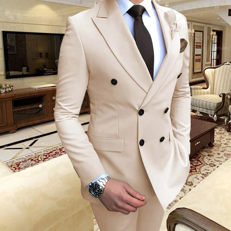 

ANNIEBRITNEY 2023 Beige Men's Suit 2 Piece Slim Fit Formal Groom Tuxedos Wedding Suits for Men Evening Party Dress Male Blazers