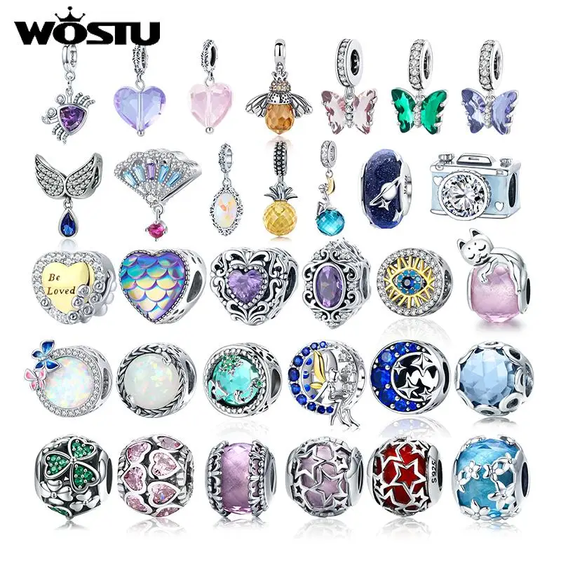 WOSTU Genuine 925 Sterling Silver Butterfly Bee Radiance Crystal CZ Charm Bead Pendant Fit Original Bracelet DIY Fine Jewelry