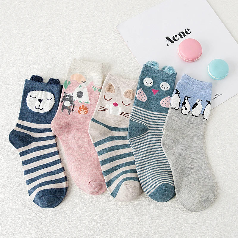 5Pairs New Spring Autumn Women Cotton Socks  In tube Animal Ear Cute Socks Fox Bear Soft Cartoon Socks Girl