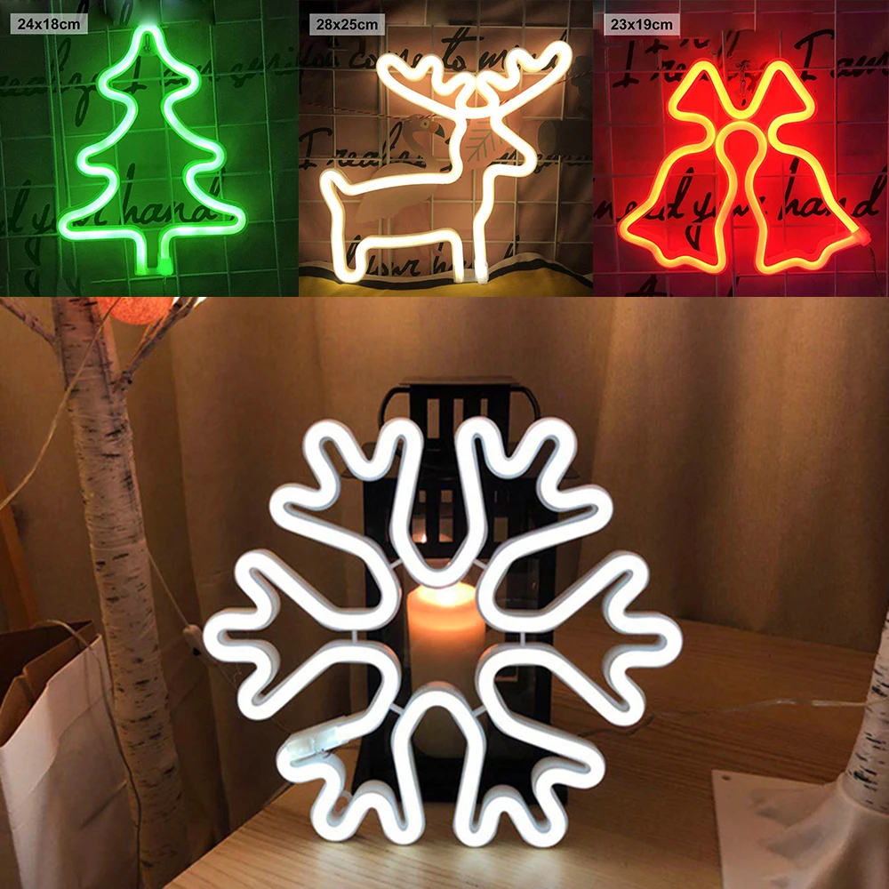 A decoração do natal conduziu a luz do sinal de néon usb/battry powered veados do floco de neve árvore de natal forma luz da noite para a festa de