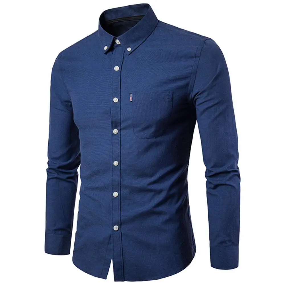 Men Solid Color Turn Down Collar Long Sleeve Shirt Slim Button Pocket Work Top