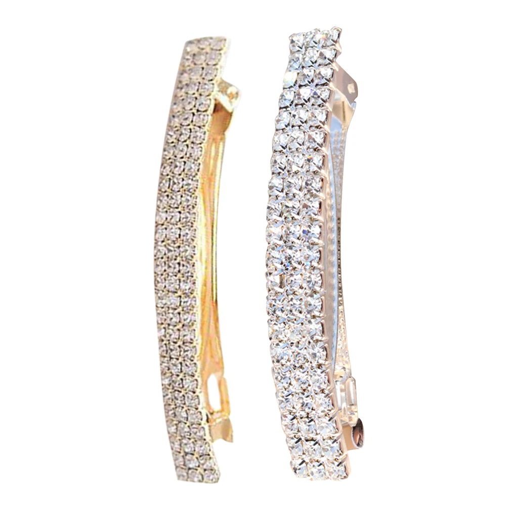 Pack of 2 Rectangle Automatic Shining Rhinestone Spring Hair Barrette Pin Clips Jewelry