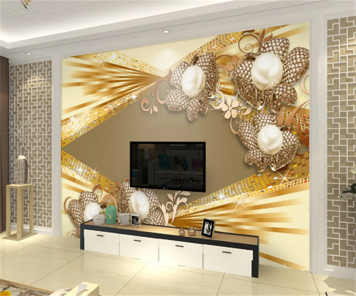 European luxury 3D three-dimensional pearl flower TV background wallpaper 3D imitation jewelry home custom mural