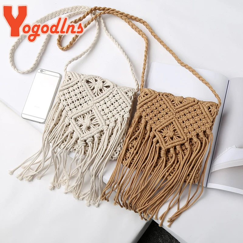 Yogodlns Bohemian Tassel Straw Bag Women Fashion Weave Handmade Crossbod Bag Summer Kintted Beach Handbag Vacation Lady Pouch