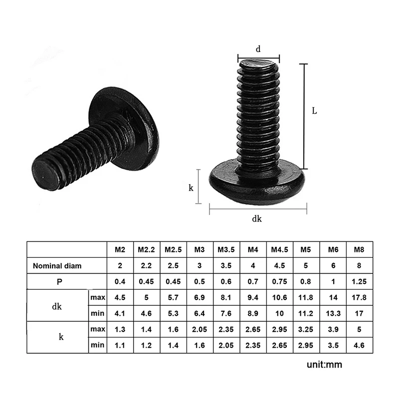100Pcs/lot TM Screws Phillips Truss Mushroom Head Screw Black Plated Electronic Carbon Steel Screws M2 M2.5 M3 M3.5 M4 M5 M6