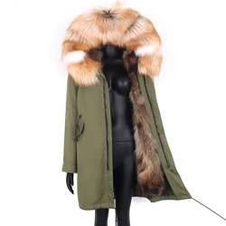 Abrigo largo de piel auténtica para mujer, Parka impermeable con Cuello de piel de mapache Natural, capucha gruesa y cálida, forro de piel de zorro Real, 2021