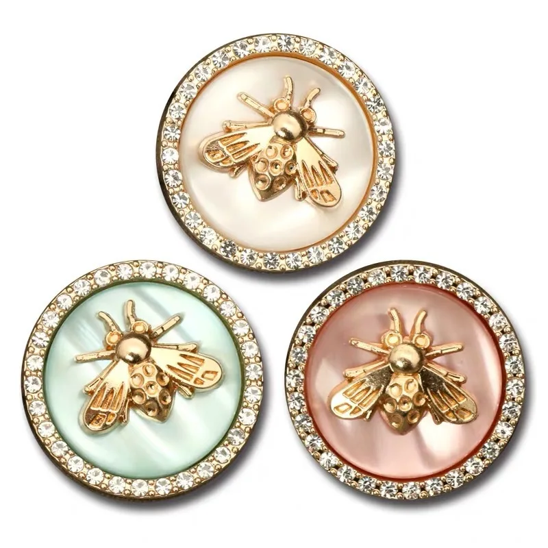 Retro Rhinestone Metal Decor Bee Pink/Blue/White Pearl Buttons For Clothing Coat Cardigan Sweater Sew Needlework Accessories