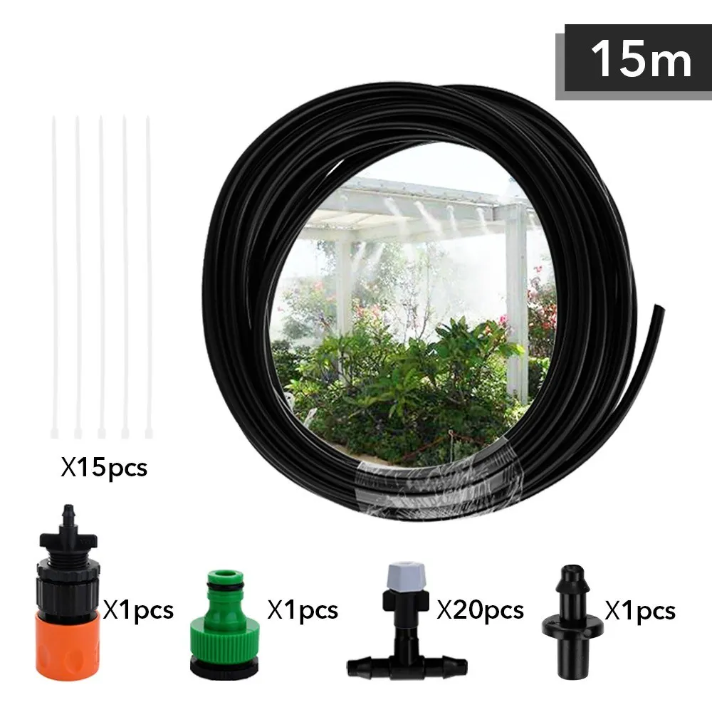 

15m Adjustable Misting Cooling Irrigation System Watering Kit Hose Nozzle Plug Connecter Fittings with 20 Nozzles