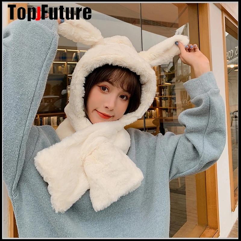 ear move winter cute girl women BUNNY rabbit ears warm hat scarf wind proof neck scarf cap student birthday funny GIFT