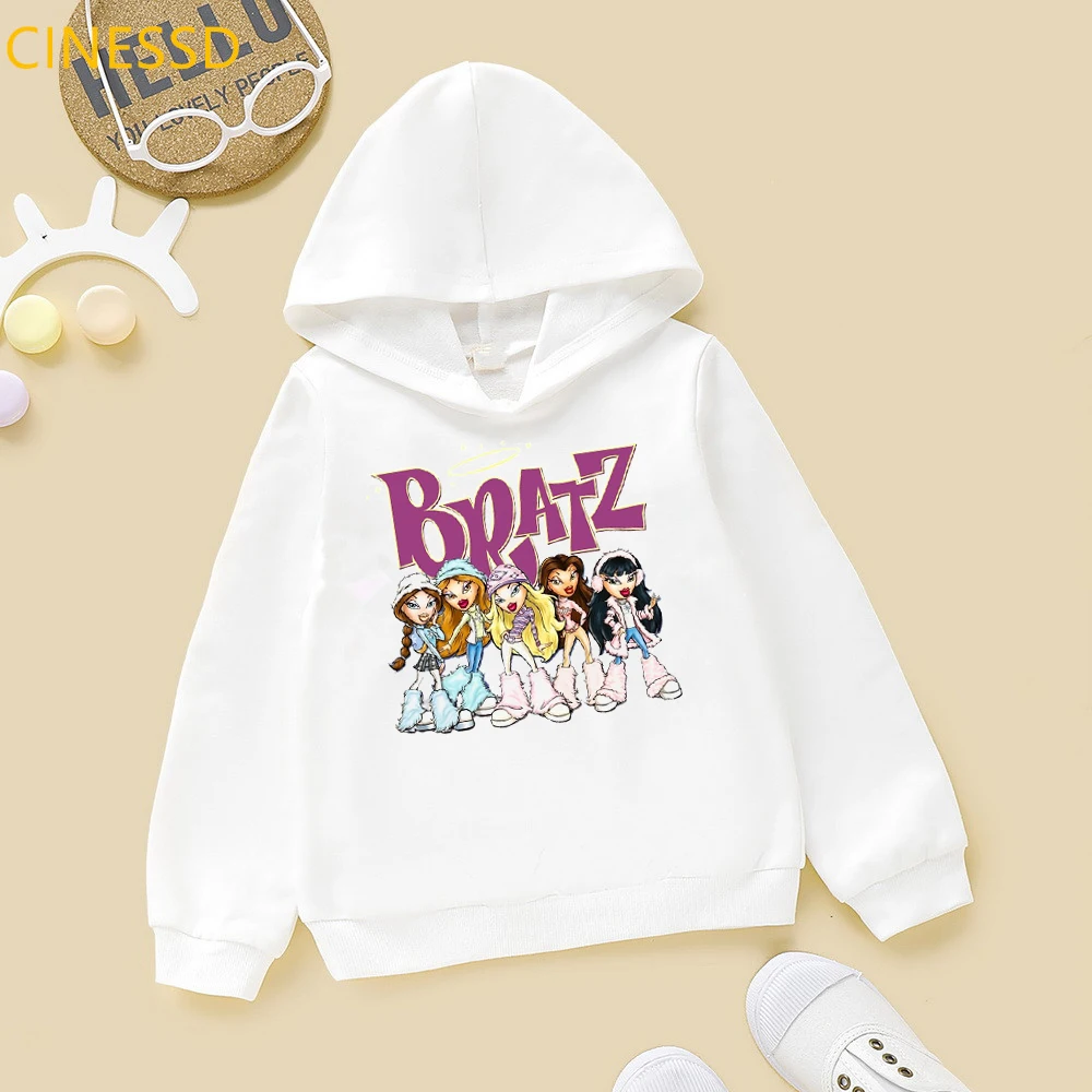 Cartoon bratz hoodie cute sweatshirt for girls winter plus velvet thick cap hoodies kids white pink yellow casual clothes hoody